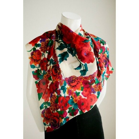 Vintage Liz Claiborne Colourful Floral Silk Hand Rolled Scarf - Picture 7 of 7